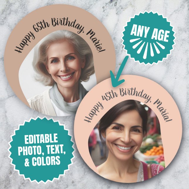 Personalised Birthday Photo Name Any Age Custom Classic Round Sticker (Personalized Birthday Photo Name Any Age Custom Classic Round Sticker)