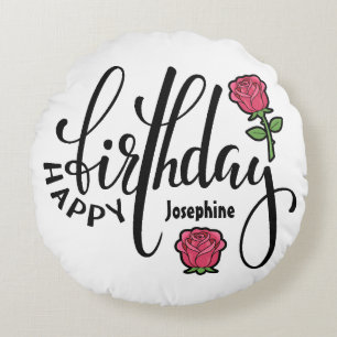 Personalised Birthday Pink Rose  Round Cushion