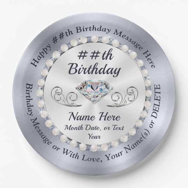 Personalised Birthday Plates, Diamonds and Pearls Paper Plate (Front)
