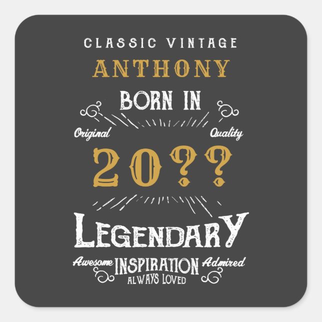 Personalised Birthday Retro Vintage Monogram Square Sticker (Front)