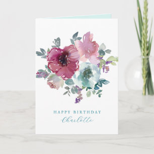Personalised Birthday Teal & Plum Roses Bouquet Card