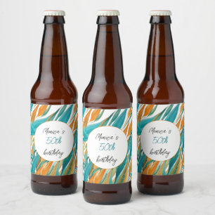 Personalised Birthday Turquoise Orange Watercolor Beer Bottle Label