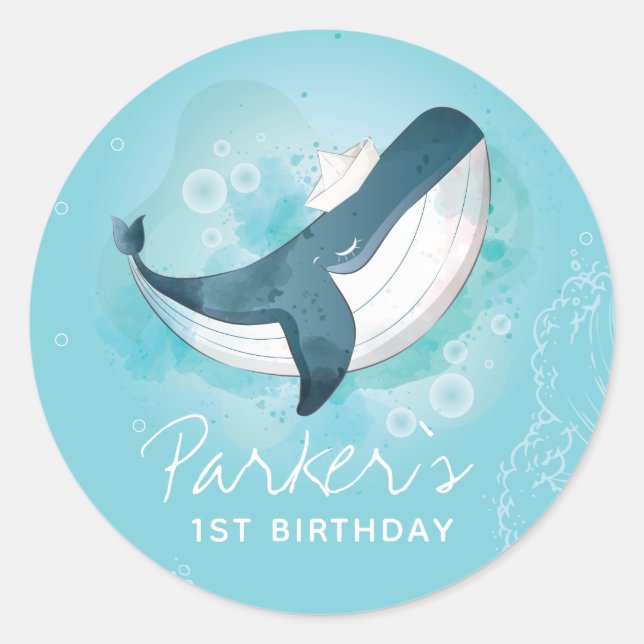 Personalised Birthday Whale Classic Round Sticker (Front)