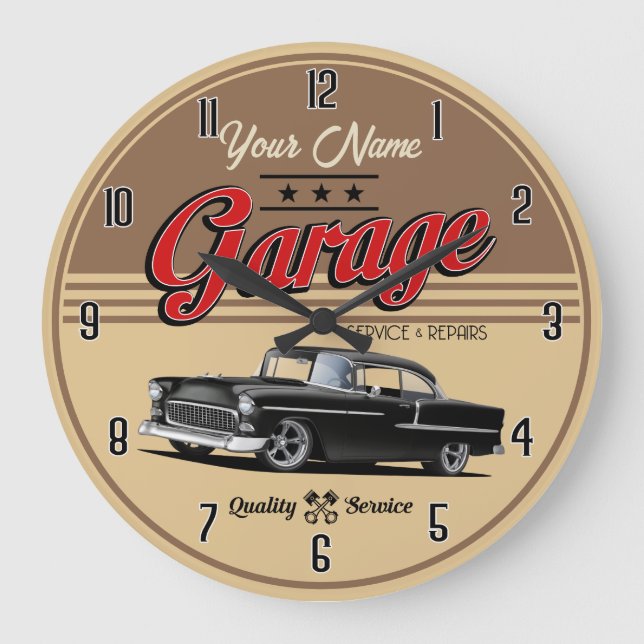 Personalised Black 1955 Car Garage Large Clock (Front)