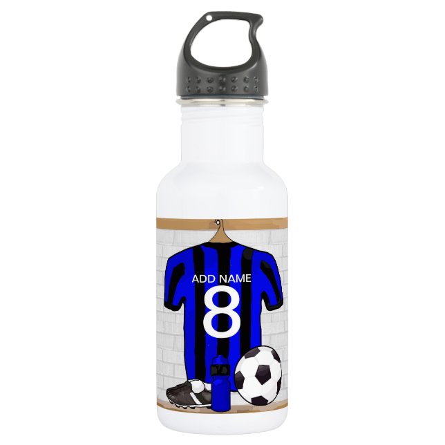 Personalised Black and blue football soccer Jersey 532 Ml Water Bottle (Front)