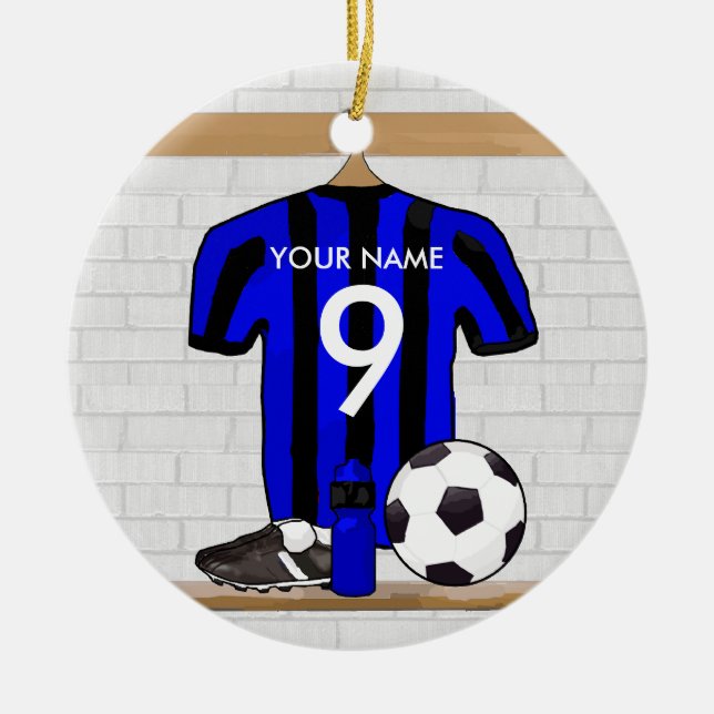 Personalised Black and blue football soccer Jersey Ceramic Tree Decoration (Front)