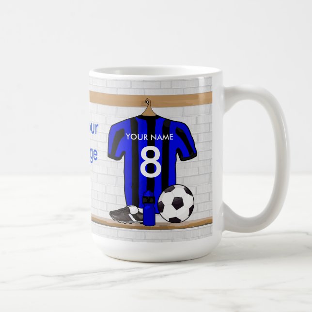 Personalised Black and Blue Football Soccer Jersey Coffee Mug (Right)