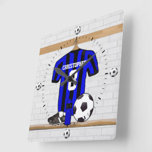 Personalised Black and Blue Football Soccer Jersey Square Wall Clock