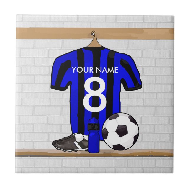Personalised Black and blue football soccer Jersey Tile (Front)