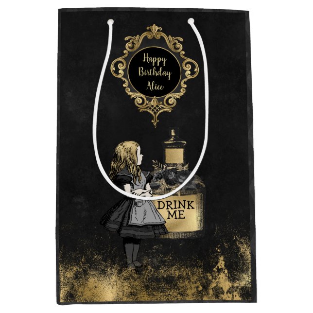 Personalised Black and Gold Alice drink me Medium Gift Bag (Front)