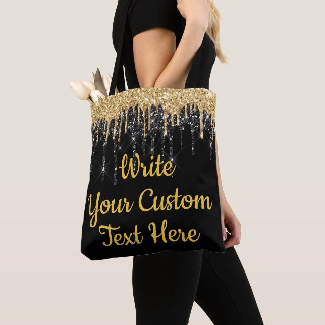 Personalised Black and Gold Glitter Birthday Gift Tote Bag (Close Up)