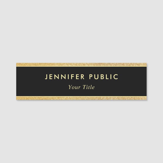 Personalised Black And Gold Glitter Modern Elegant Name Tag (Front)