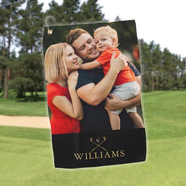 Personalised Black And Gold Golf Clubs Photo Golf Towel (Personalized Black And Gold Golf Clubs Photo Golf Towel)
