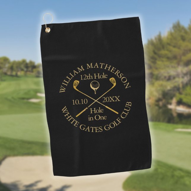 Personalised Black And Gold Hole in One Golf Towel (Personalized Black And Gold Hole in One Golf Towel)