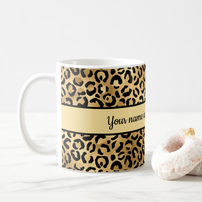 Personalised Black and Gold Leopard Print Cheetah  Coffee Mug (With Donut)