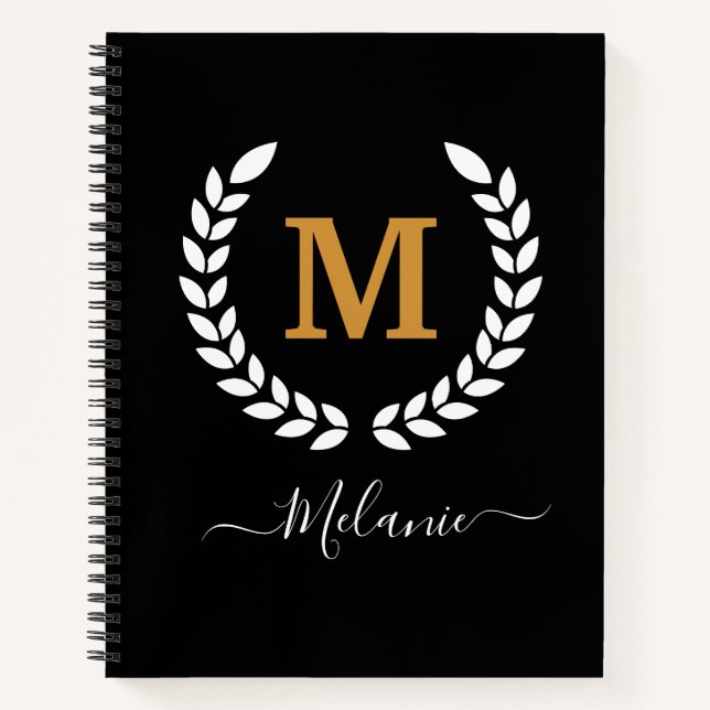 Personalised  Black And Gold Monogram Name Notebook (Front)