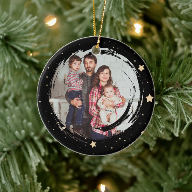 Personalised Black and Gold Star Photo Christmas Ceramic Ornament (Tree)