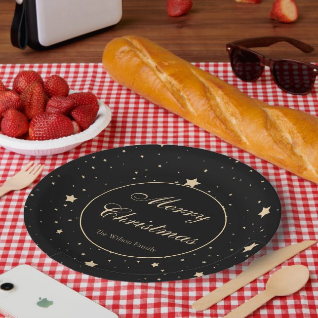 Personalised Black and Gold Starry Night Christmas Paper Plate (Picnic)