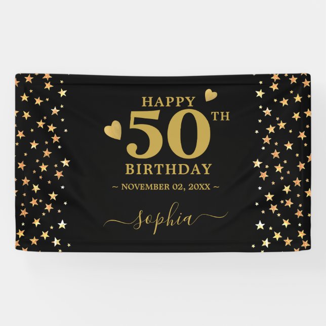 Personalised Black And Gold Stars 50th Birthday Banner (Horizontal)