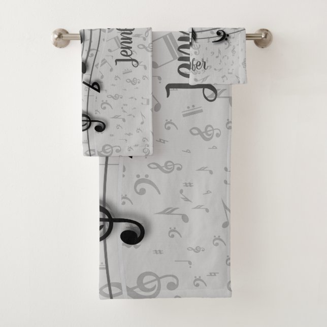 Personalised Black and Grey Music Notes Bath Towel Set (Insitu)