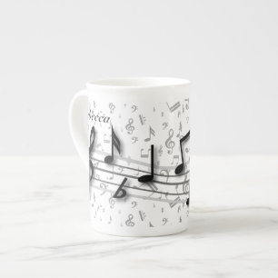 Personalised black and grey musical notes bone china mug