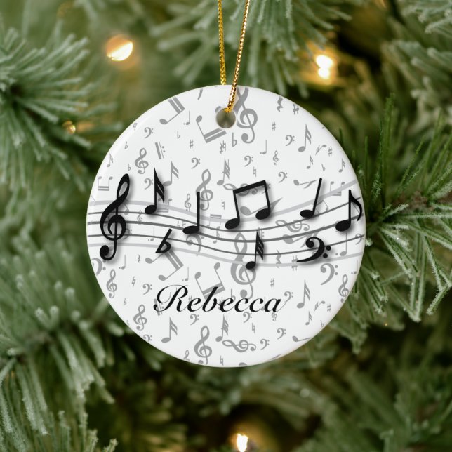 Personalised Black and Grey Musical Notes Ceramic Ornament (Tree)