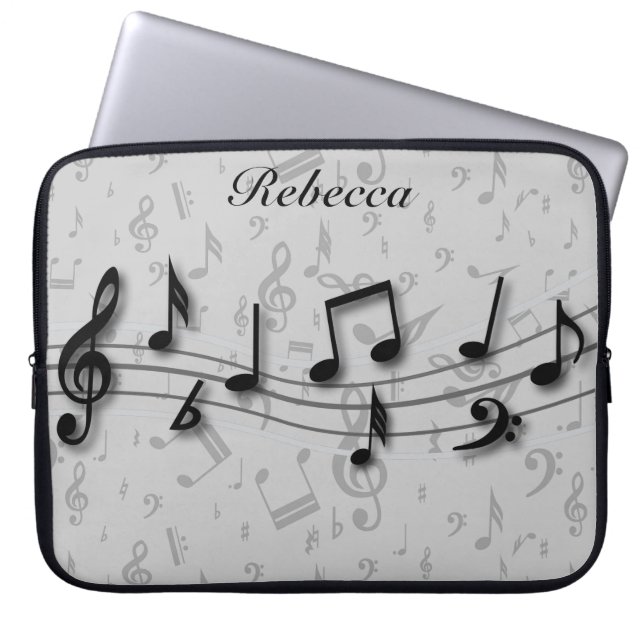 Personalised Black and Grey Musical Notes Laptop Sleeve (Front)