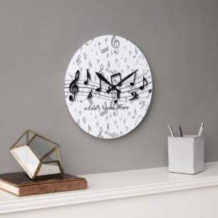 Personalised Black and Grey Musical Notes Large Clock