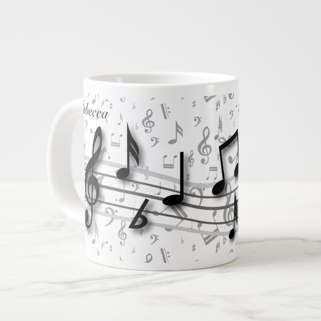 Personalised black and grey musical notes large coffee mug (Front Left)