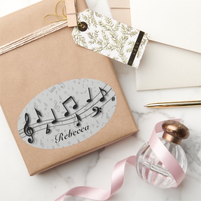Personalised Black and Grey Musical Notes Oval Sticker (Gifting)