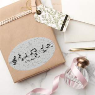 Personalised Black and Grey Musical Notes Oval Sticker