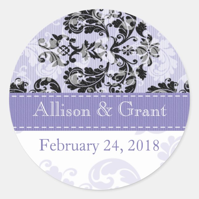 Personalised Black and Lavender Damask Wedding Sea Classic Round Sticker (Front)