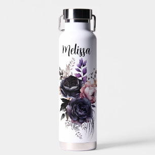 Personalised black and pink floral water bottle