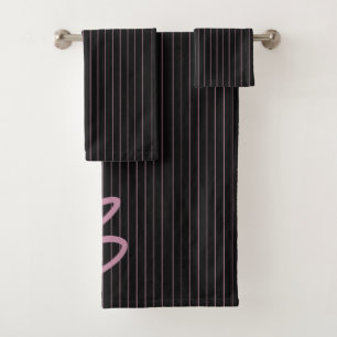 Personalised black and pink striped bath towel set