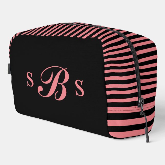 Personalised, black and pink striped dopp kit (Right Corner)
