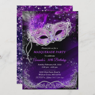 Personalised Black and Purple Birthday Masquerade  Invitation