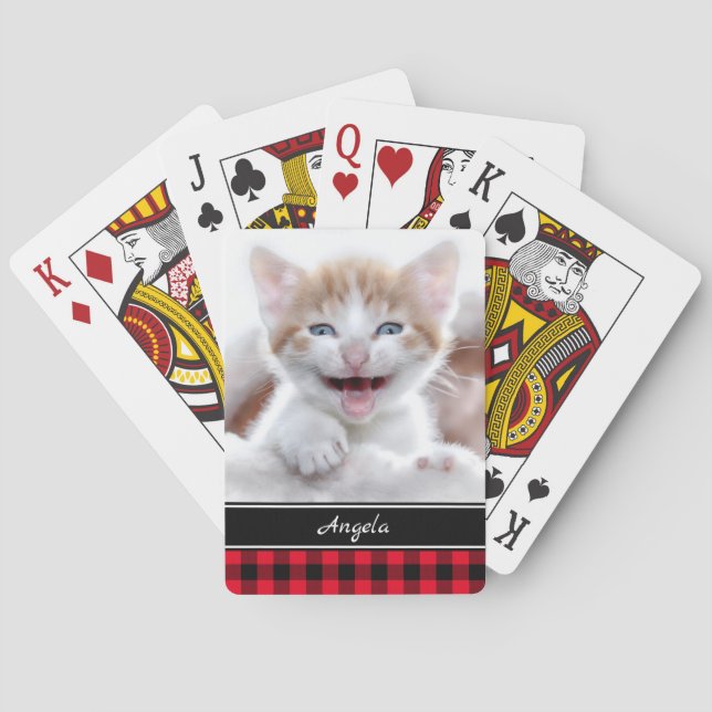 Personalised Black and Red Buffalo Plaid Photo Playing Cards (Back)