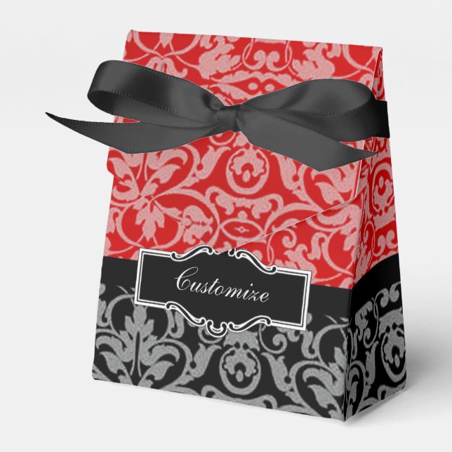 Personalised Black and Red Damask Tent Favour Box (Front Side)