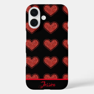 Personalised black and red glitter hearts iPhone 16 case