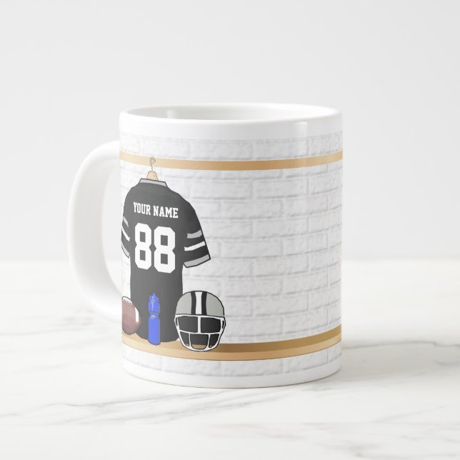 Personalised Black and Silver Grey Football Jersey Large Coffee Mug (Front Left)