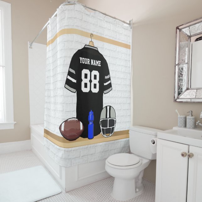 Personalised Black and Silver Grey Football Jersey Shower Curtain (In Situ)