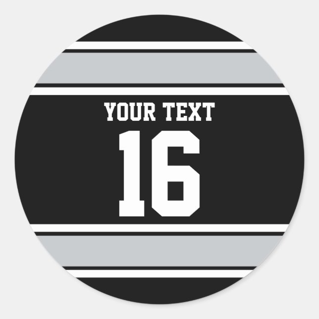 Personalised Black and Silver Sports Stripes Classic Round Sticker (Front)
