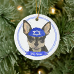 Personalised Black and Tan Chihuahua Yarmulke Ceramic Ornament<br><div class="desc">Celebrate your favourite mensch on a bench with personalised ornament! This design features a sweet illustration of a black and tan applehead chihuahua dog with a blue and white yarmulke. For the most thoughtful gifts, pair it with another item from my collection! To see more work and learn about this...</div>