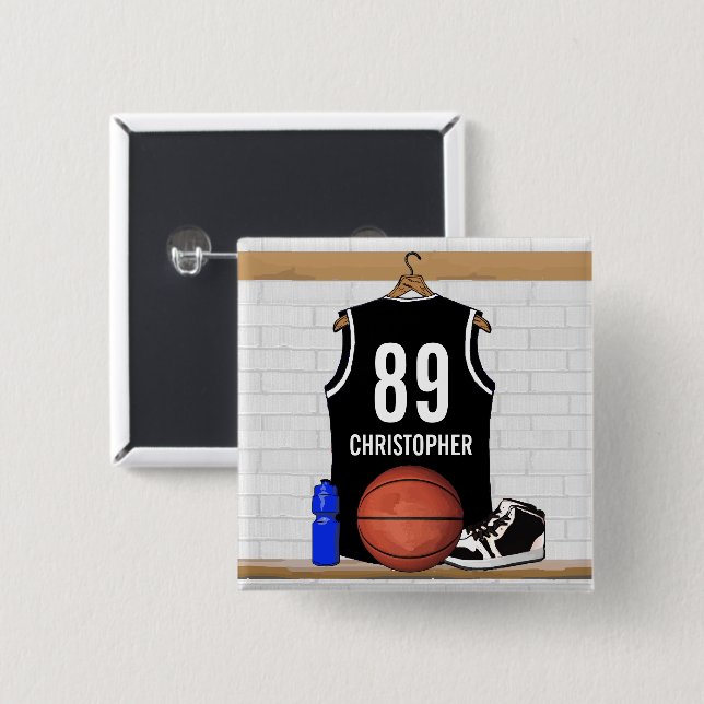 Personalised Black and White Basketball Jersey 15 Cm Square Badge (Front & Back)
