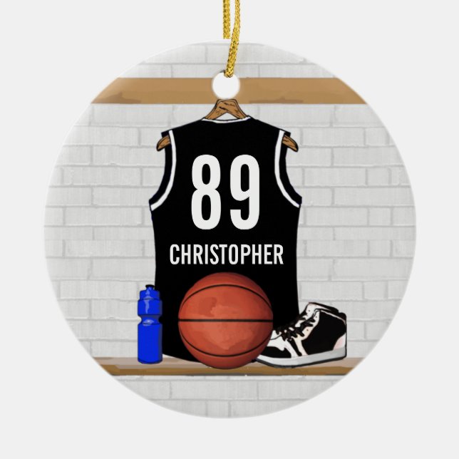 Personalised Black and White Basketball Jersey Ceramic Ornament (Front)