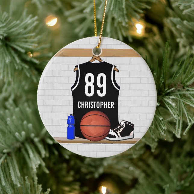 Personalised Black and White Basketball Jersey Ceramic Ornament (Tree)