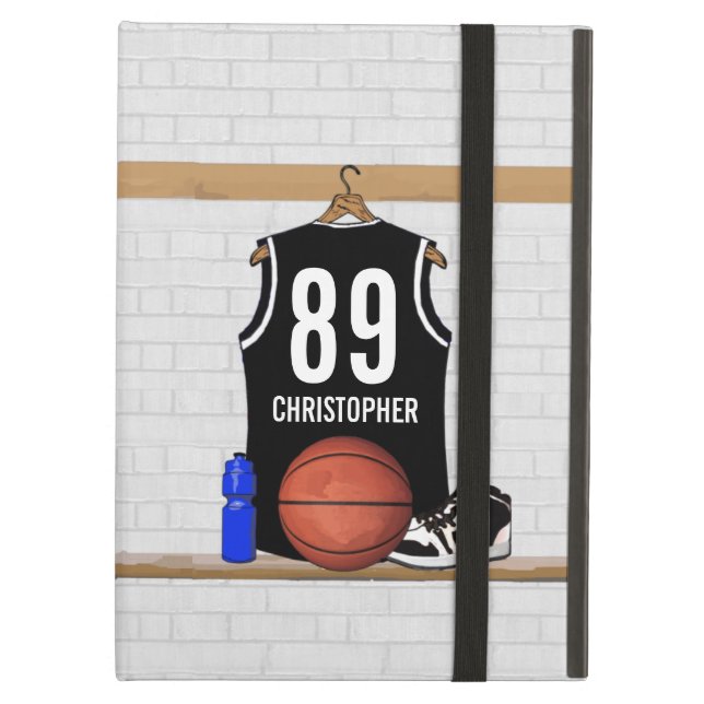Personalised Black and White Basketball Jersey Cover For iPad Air (Front Closed)