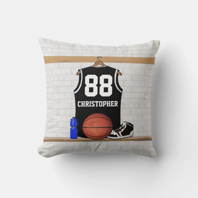 Personalised Black and White Basketball Jersey Cushion (Front)
