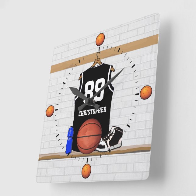 Personalised Black and White Basketball Jersey Square Wall Clock (Angle)