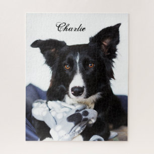 Personalised Black and White Border Collie Jigsaw Puzzle
